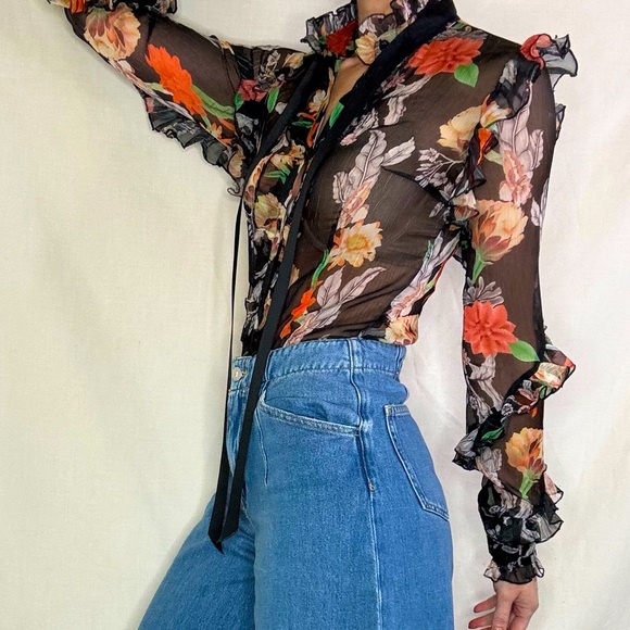 Jade & Cloud Sheer Button up Floral, Ruffle Black Bodysuit,  Size Small - Picture 15 of 15